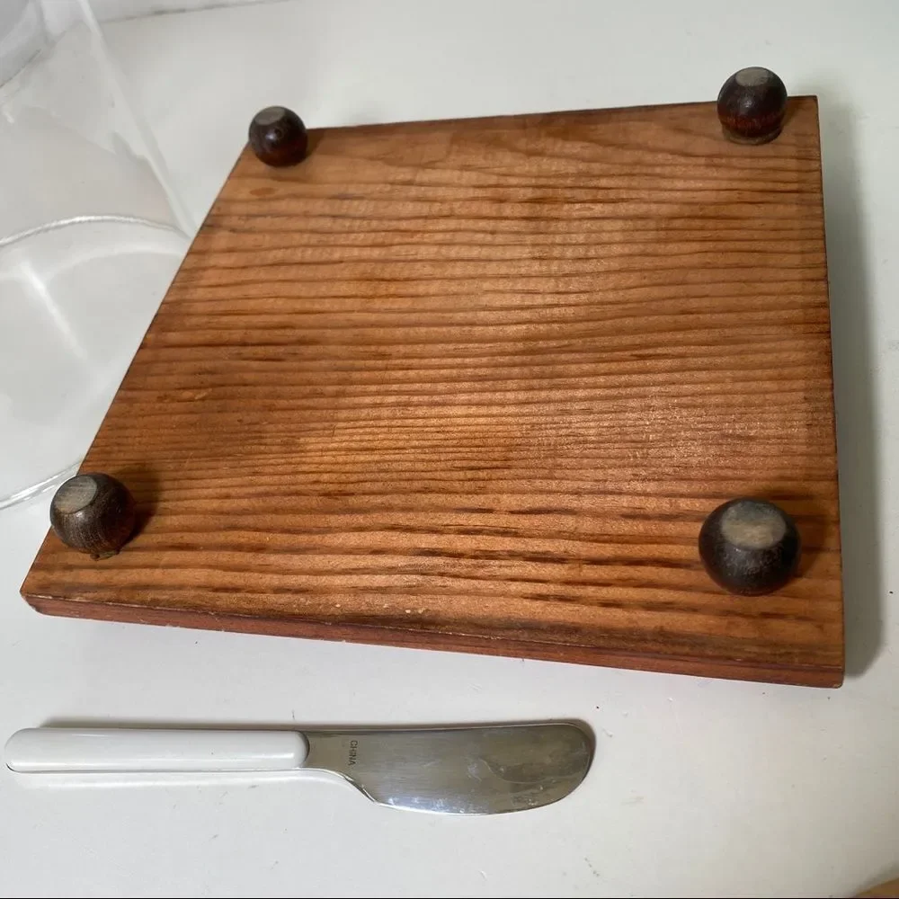 NEW Vintage Cheese Tray Glass Dome, Knife, Removable Cutting Board, Stainless